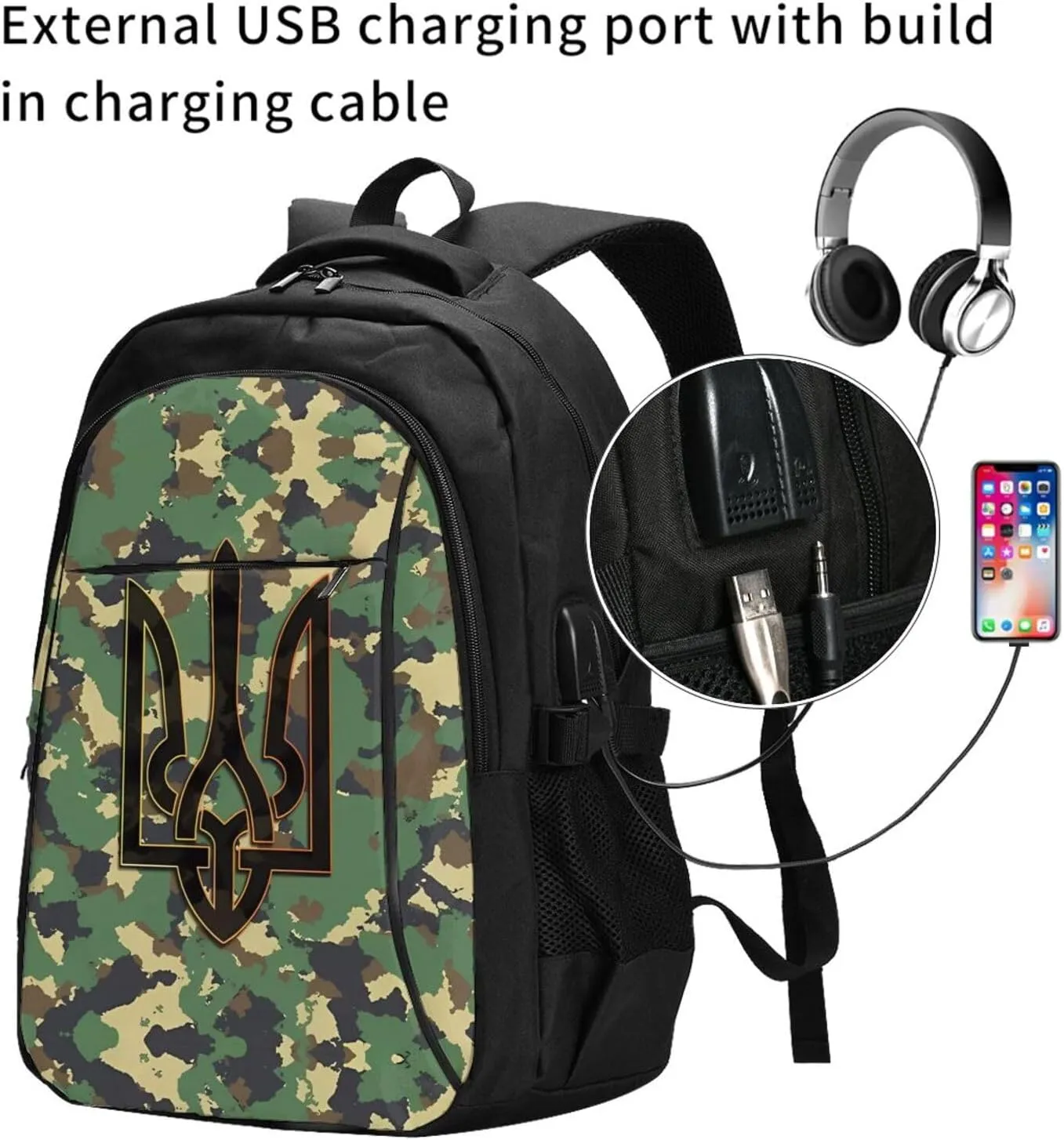 Camouflage Ukrainian Trident Flag Casual Travel Backpacks Hiking Camping Backpack Large Outdoor Sport Daypack Laptop Rucksack Climbing Working Bags with USB Port