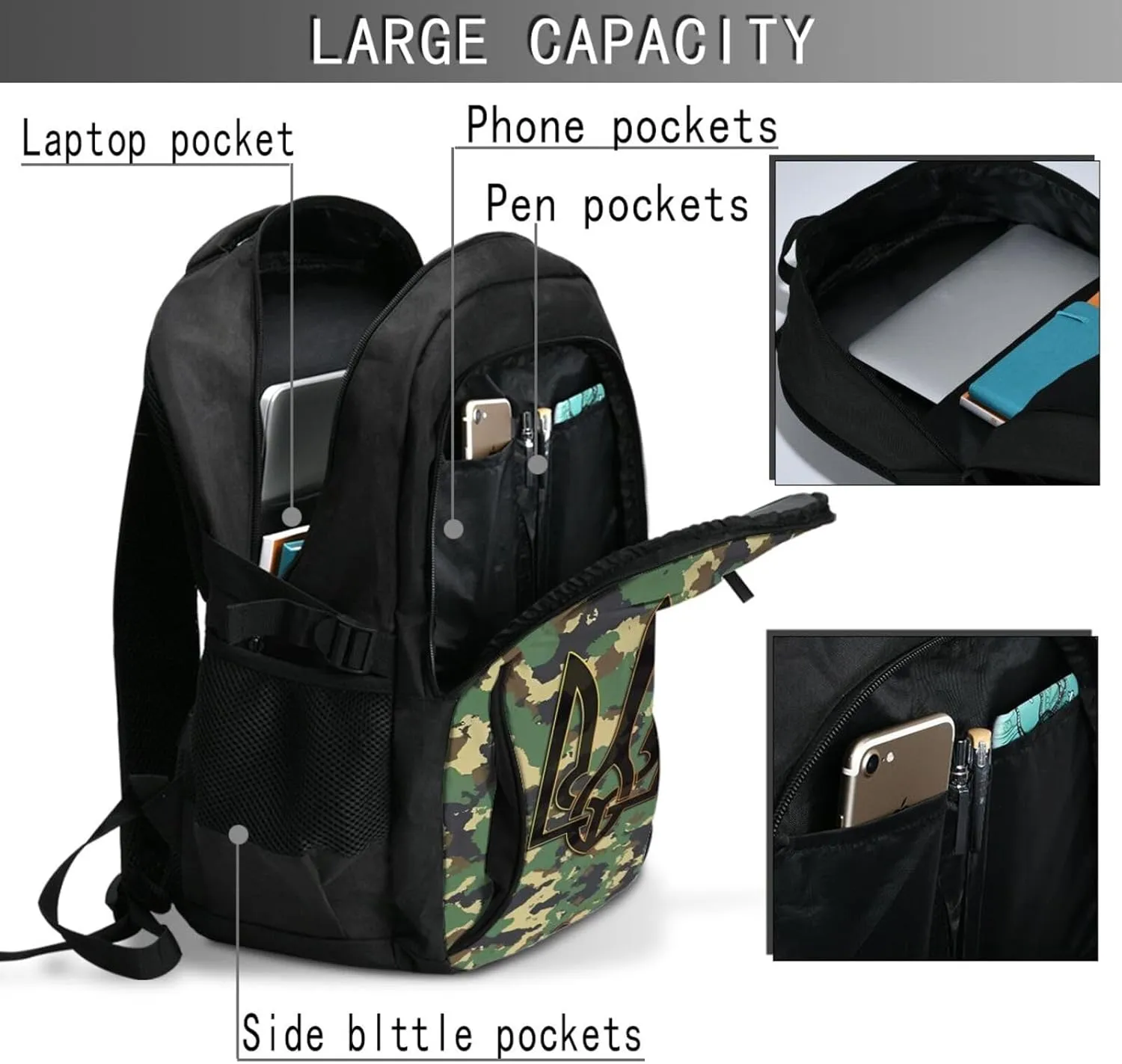 Camouflage Ukrainian Trident Flag Casual Travel Backpacks Hiking Camping Backpack Large Outdoor Sport Daypack Laptop Rucksack Climbing Working Bags with USB Port