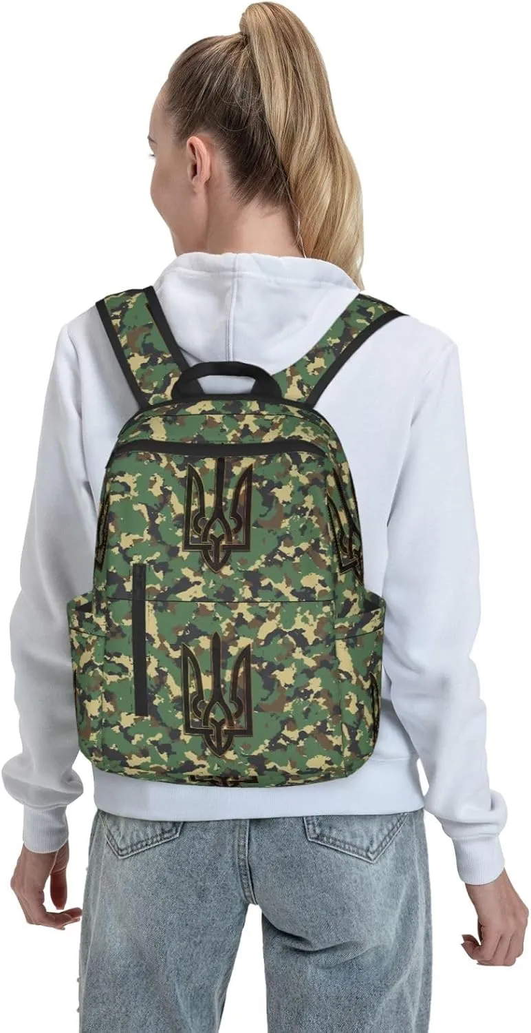 Camouflage Ukrainian Trident Flag Travel Backpacks Casual Laptop Backpack Sport Rucksack Large Capacity Daypack Multi-Pockets Adjustable Strap Bag for Working Hiking