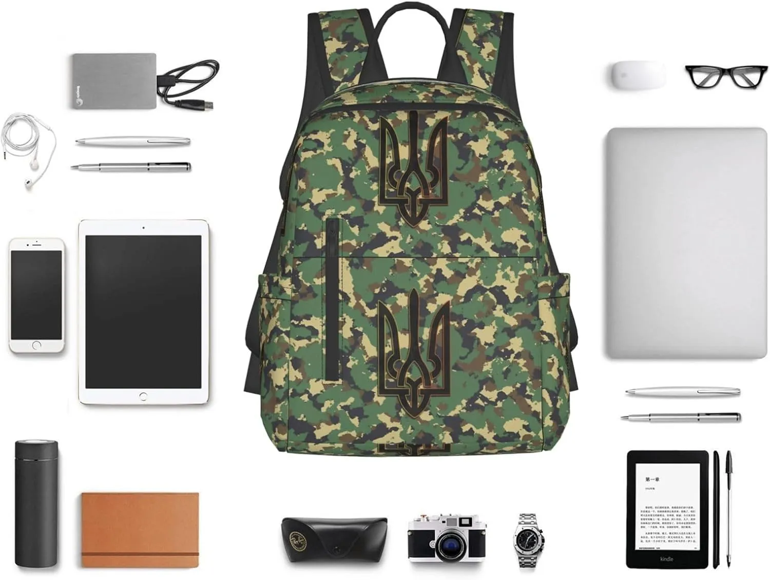 Camouflage Ukrainian Trident Flag Travel Backpacks Casual Laptop Backpack Sport Rucksack Large Capacity Daypack Multi-Pockets Adjustable Strap Bag for Working Hiking