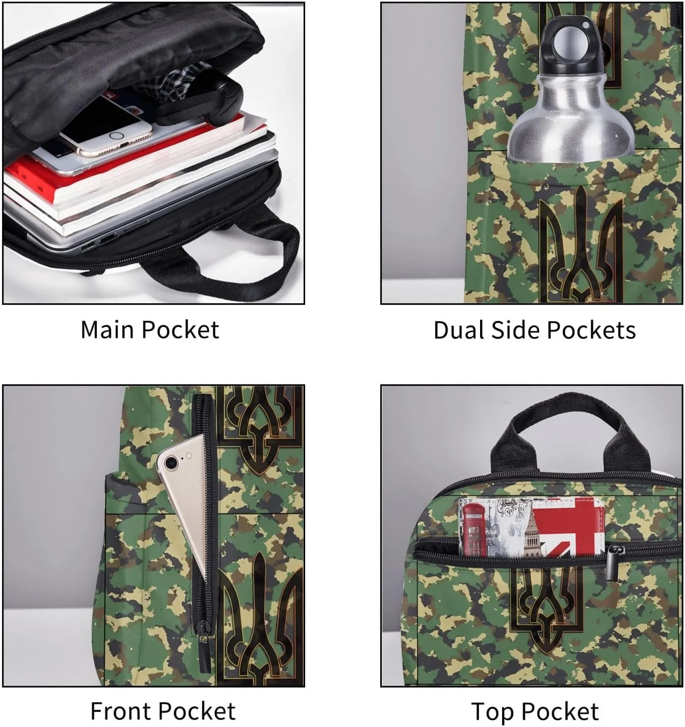 Camouflage Ukrainian Trident Flag Travel Backpacks Casual Laptop Backpack Sport Rucksack Large Capacity Daypack Multi-Pockets Adjustable Strap Bag for Working Hiking