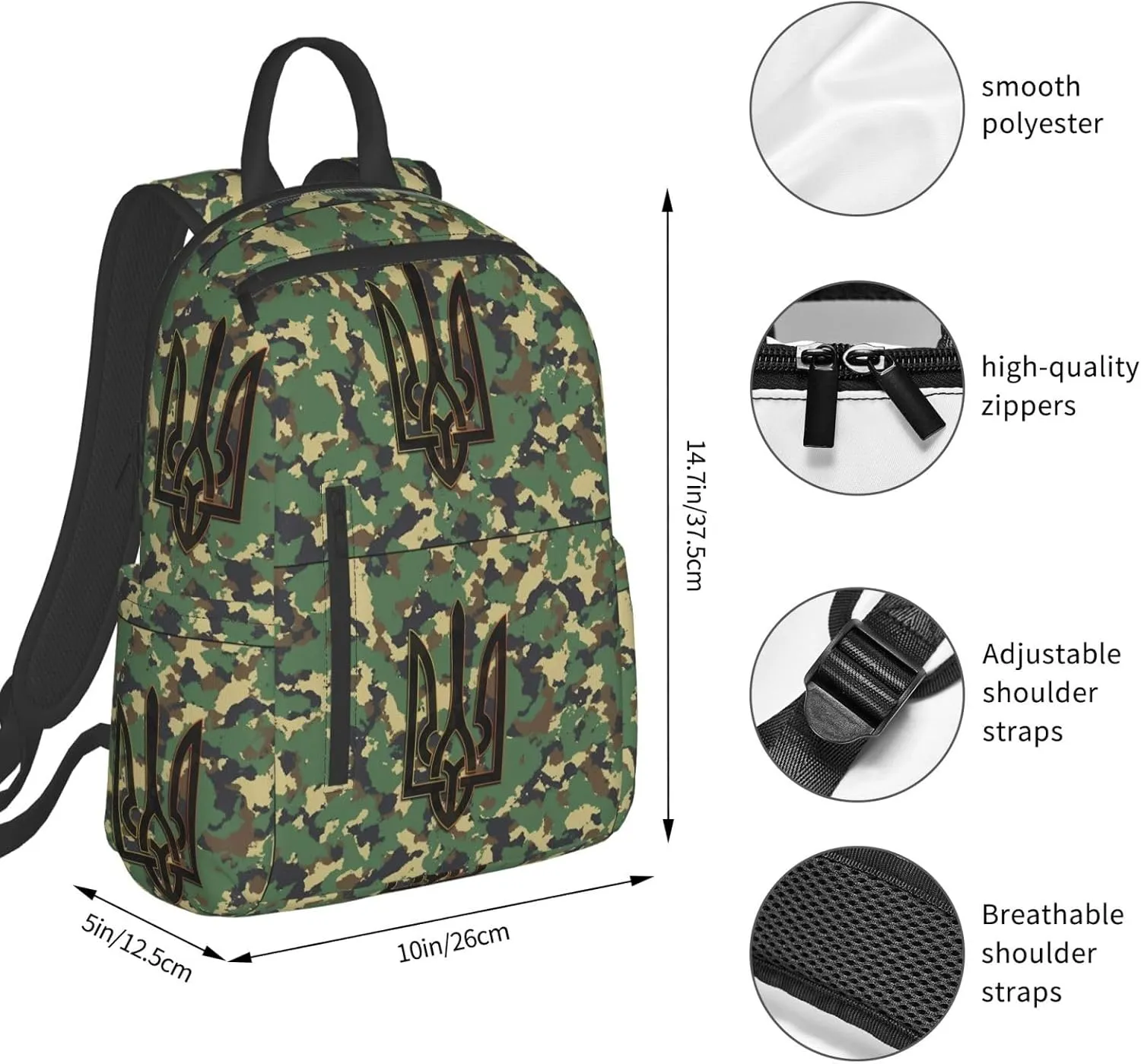 Camouflage Ukrainian Trident Flag Travel Backpacks Casual Laptop Backpack Sport Rucksack Large Capacity Daypack Multi-Pockets Adjustable Strap Bag for Working Hiking