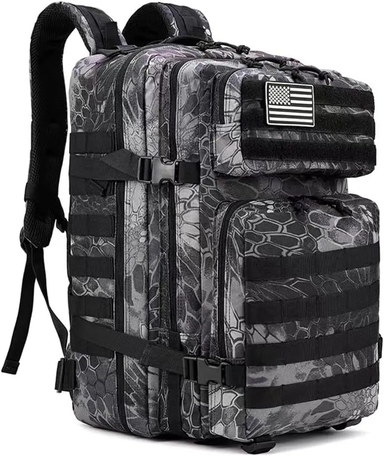 Camping Hiking Travelling Trekking Daypack Bug Out Bag Large Multi Function Backpack for Water Resistant Men Backpack (Black Python Pattern)