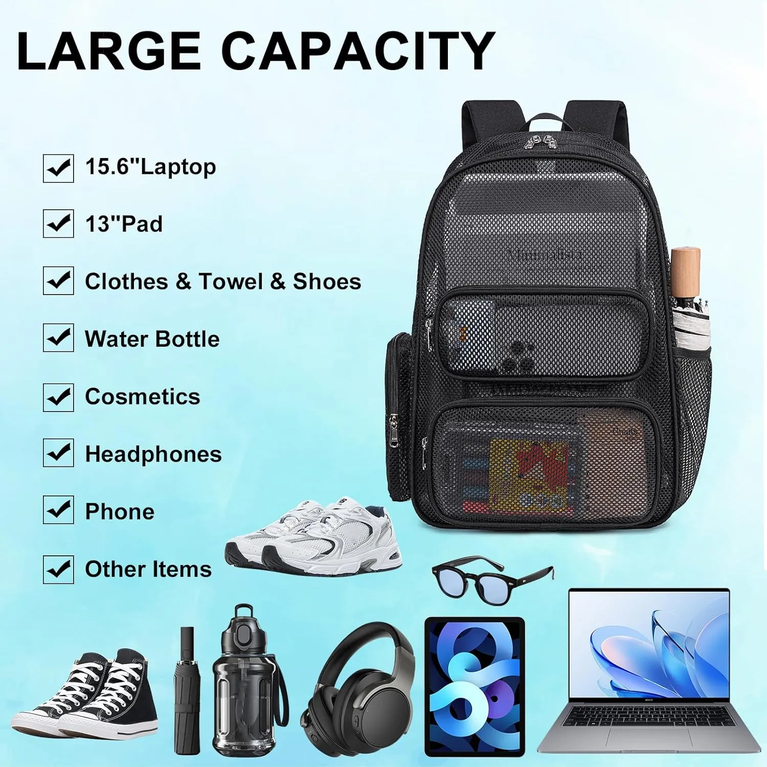 CAMTOP Mesh Backpack for Kids Girls Semi-TransparentSee Through Sturdy School Bookbag Casual Daypack for Beach Swim Work Gym