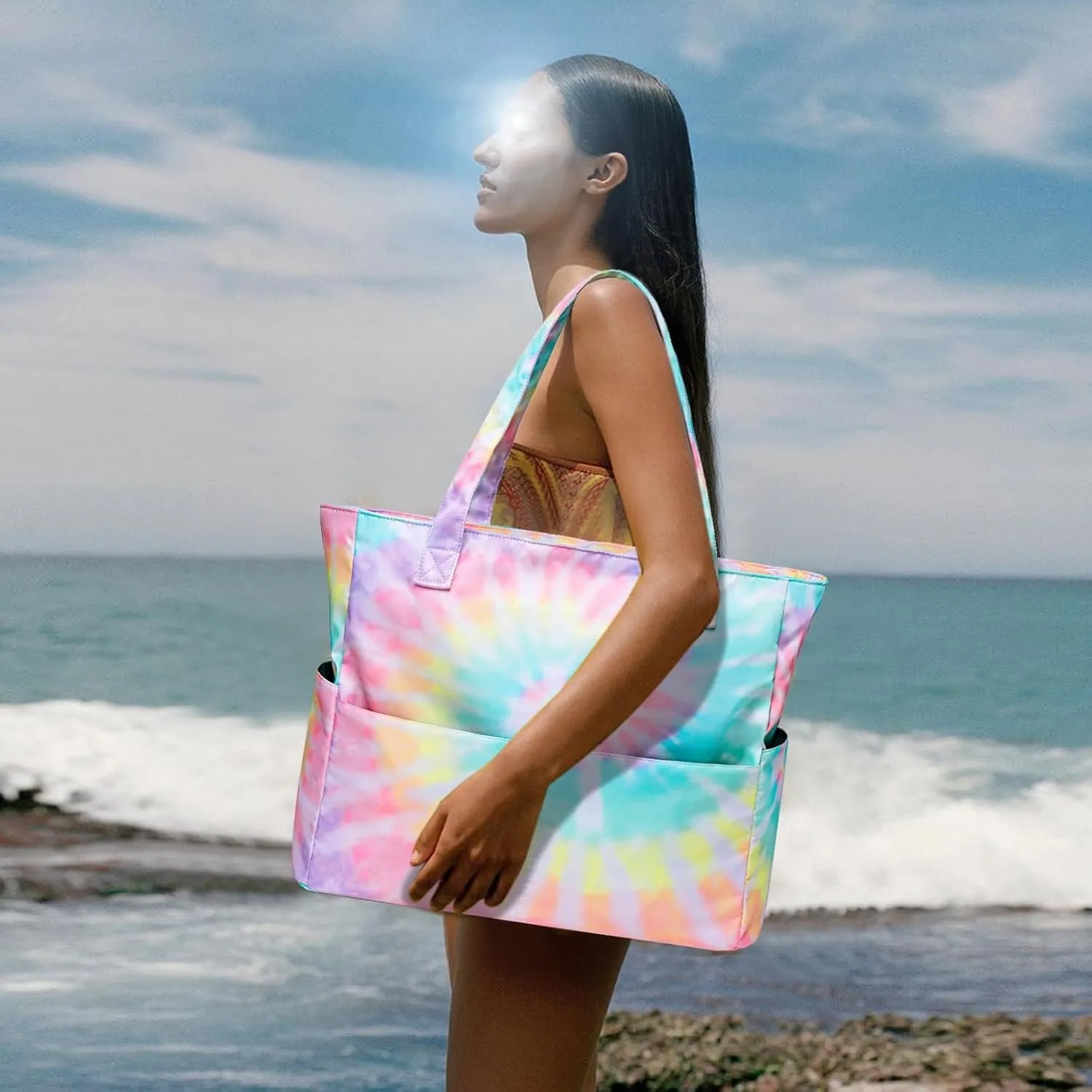 CAMTOP Waterproof Beach Tote Bag for Women Girls with Zipper Foldable Sandproof Pool Swim Bag Travel Carry On Gym
