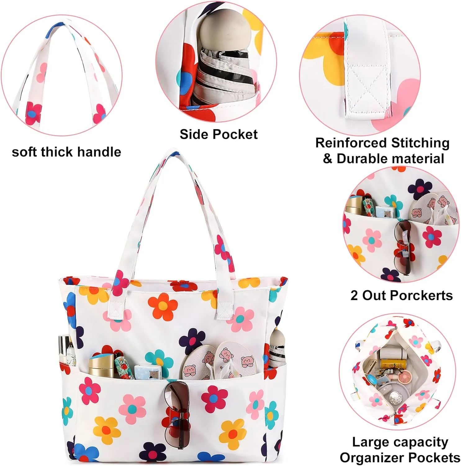 CAMTOP Waterproof Beach Tote Bag for Women Girls with Zipper Foldable Sandproof Pool Swim Bag Travel Carry On Gym