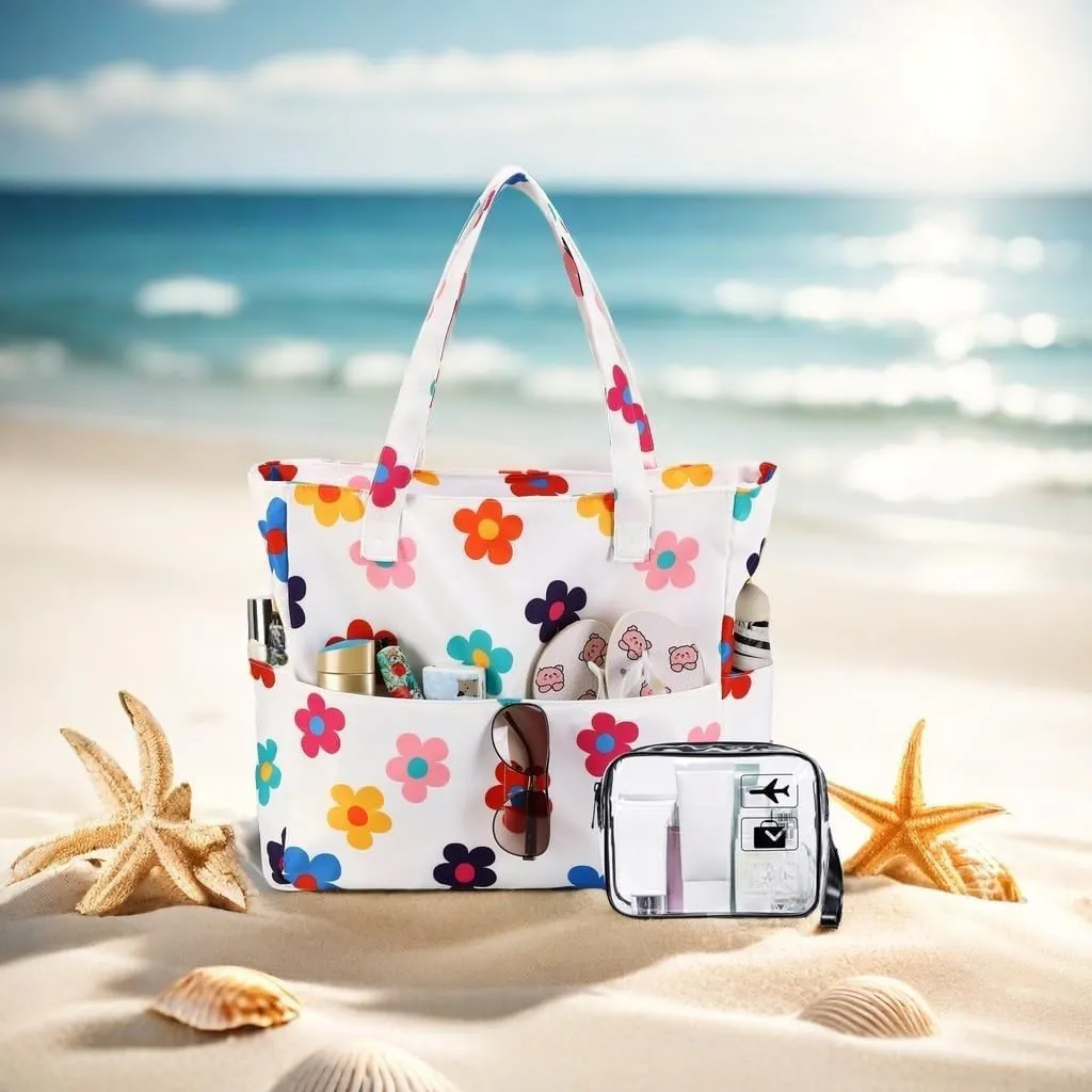 CAMTOP Waterproof Beach Tote Bag for Women Girls with Zipper Foldable Sandproof Pool Swim Bag Travel Carry On Gym
