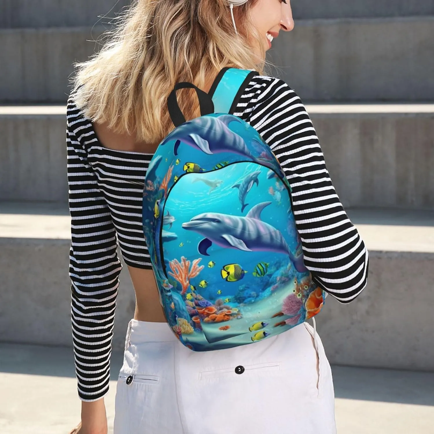 Canvas Backpack For Women Seabed Coral Fish Dolphins Printing Travel Notebook Backpack Bag Lightweight Travel Daypack