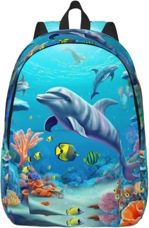Canvas Backpack For Women Seabed Coral Fish Dolphins Printing Travel Notebook Backpack Bag Lightweight Travel Daypack