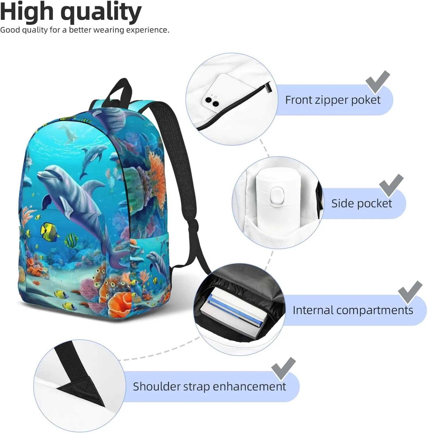 Canvas Backpack For Women Seabed Coral Fish Dolphins Printing Travel Notebook Backpack Bag Lightweight Travel Daypack