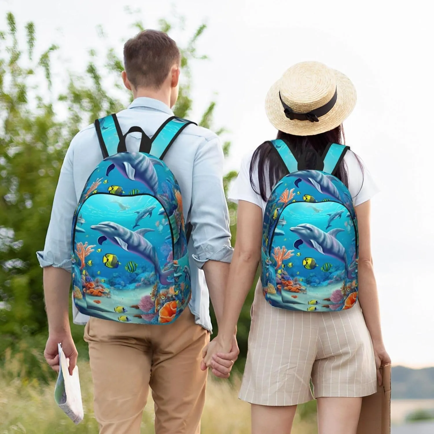 Canvas Backpack For Women Seabed Coral Fish Dolphins Printing Travel Notebook Backpack Bag Lightweight Travel Daypack