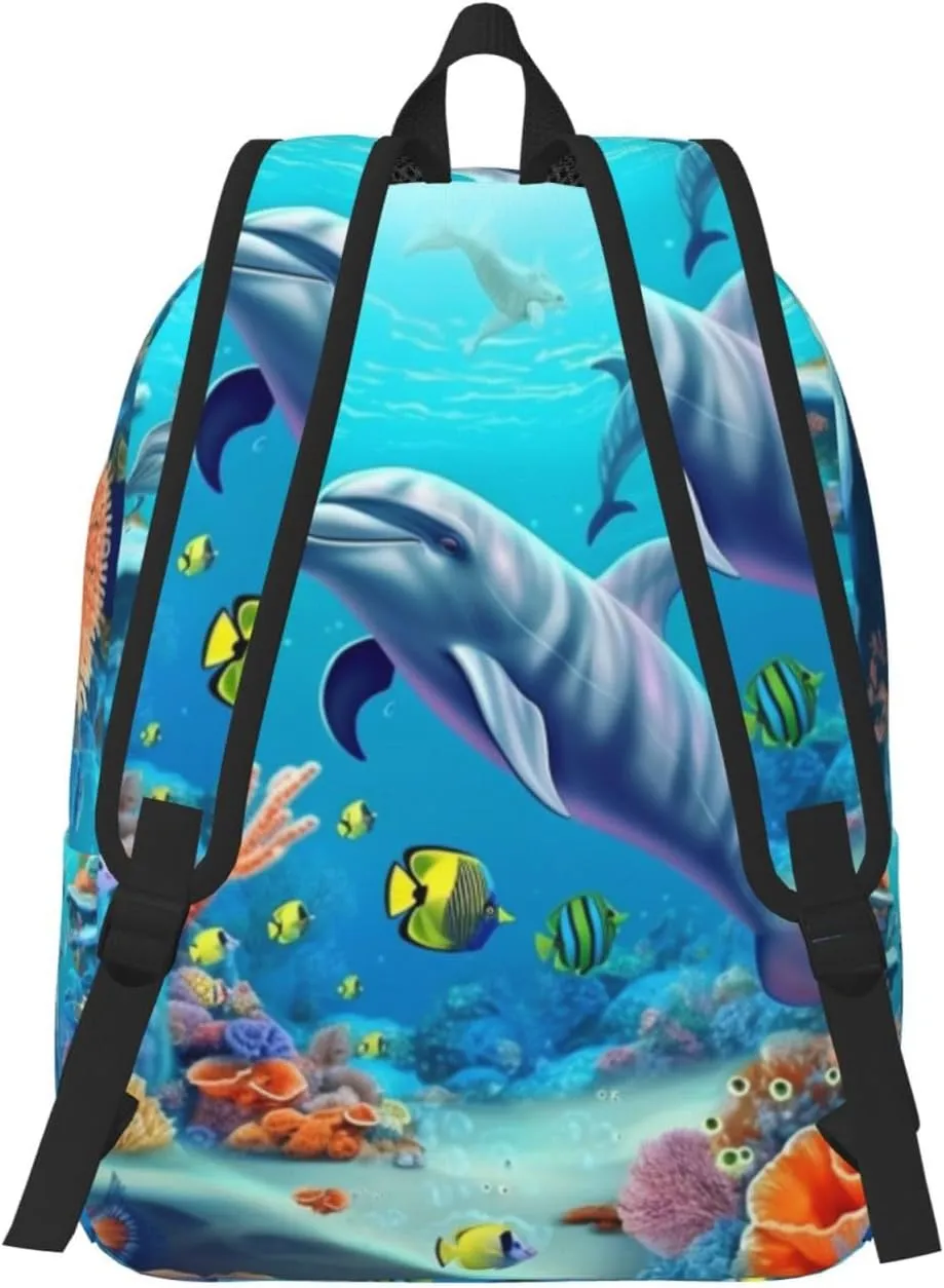 Canvas Backpack For Women Seabed Coral Fish Dolphins Printing Travel Notebook Backpack Bag Lightweight Travel Daypack