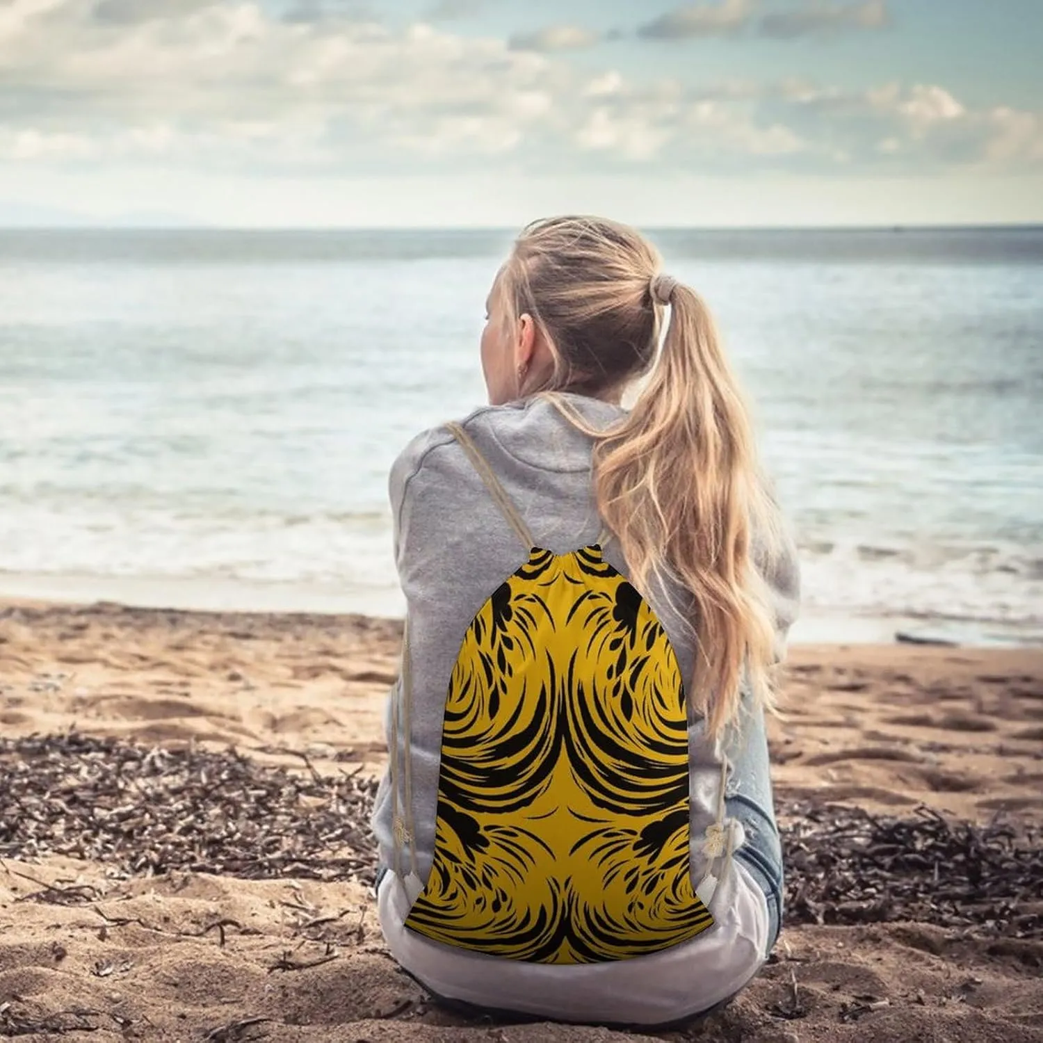 Canvas Drawstring Bags for Men Women Mustard Yellow And Black Sport String Bag Beach Sack Bag Travel Gym Sackpack