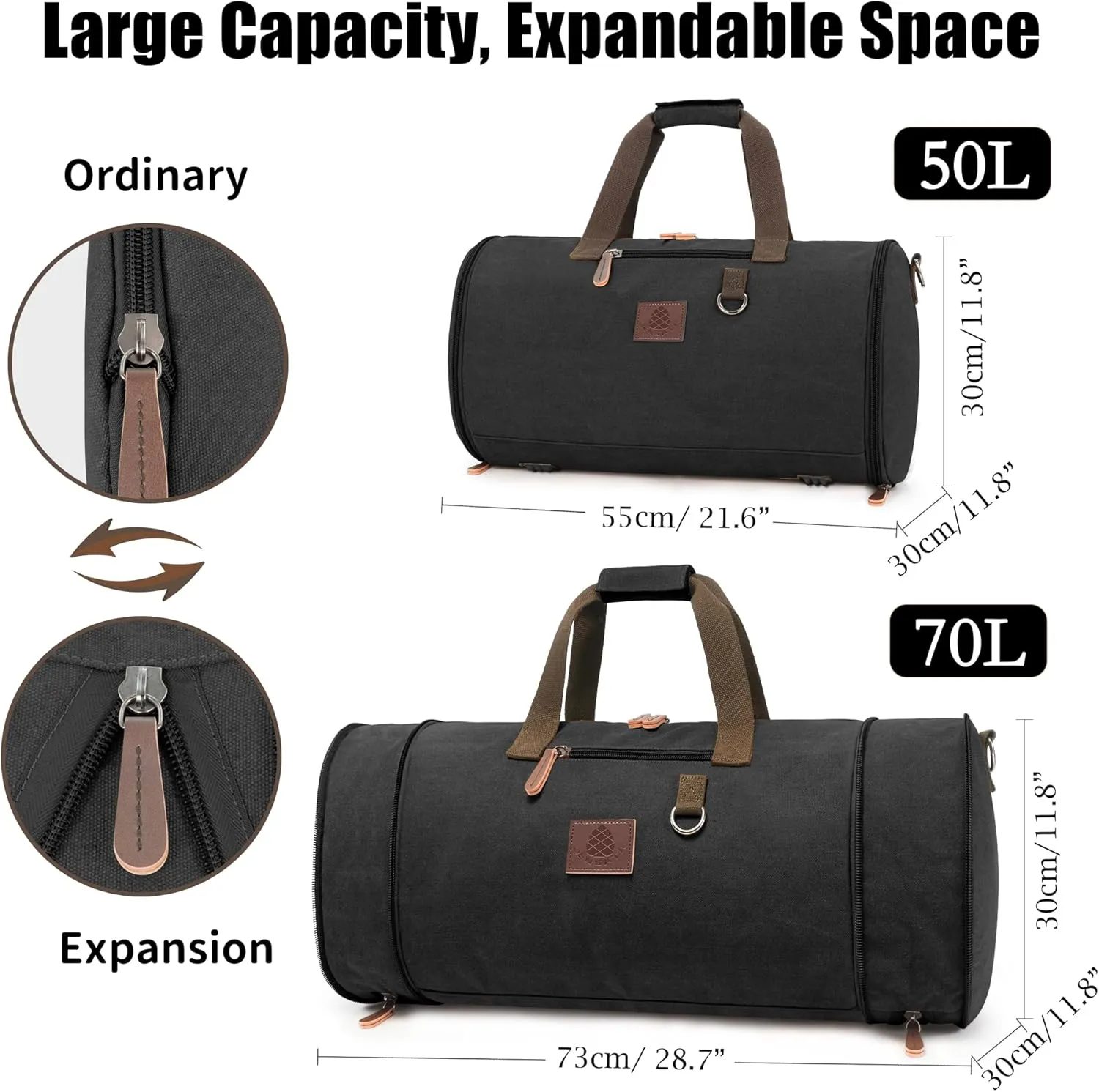 Canvas Duffle Bag for Men - 50L-70L Large Weekender Overnight Expandable Carry On Bag