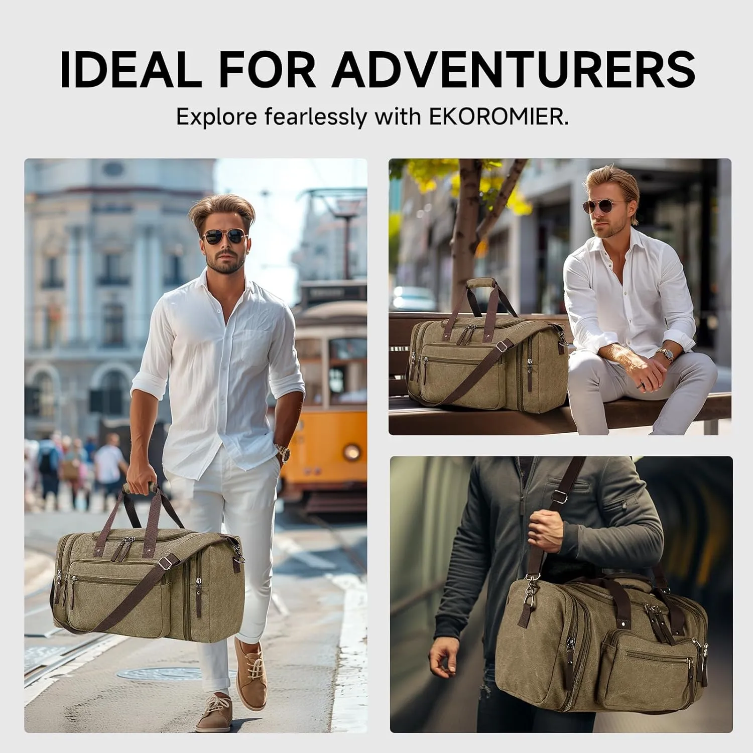 Canvas Expandable Duffle Bag for Men Traveling, Luggage Travel Bag Weekender Overnight Bag,Mens Gym Carry on Duffel Bags（Coffee）