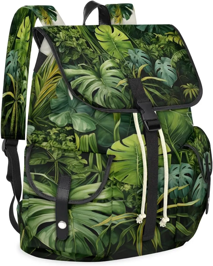 Canvas Laptop Backpack, Tropical Plants Laptop Backpacks Rucksack for Men Women, Travel Work Rucksack High Capacity Palm Leaves Vintage Backpack