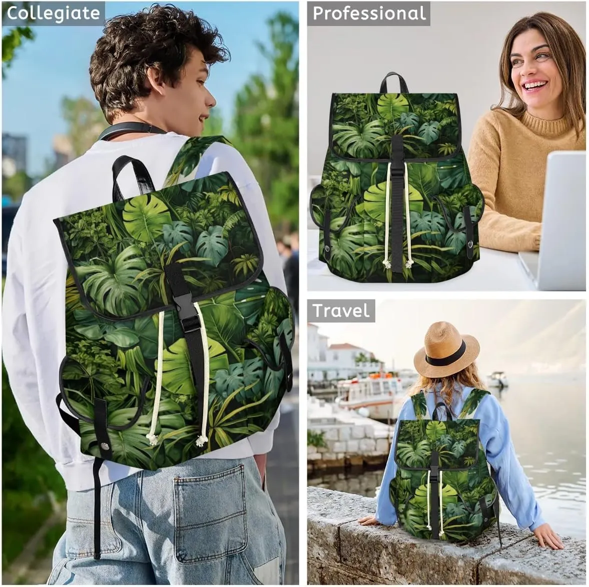 Canvas Laptop Backpack, Tropical Plants Laptop Backpacks Rucksack for Men Women, Travel Work Rucksack High Capacity Palm Leaves Vintage Backpack