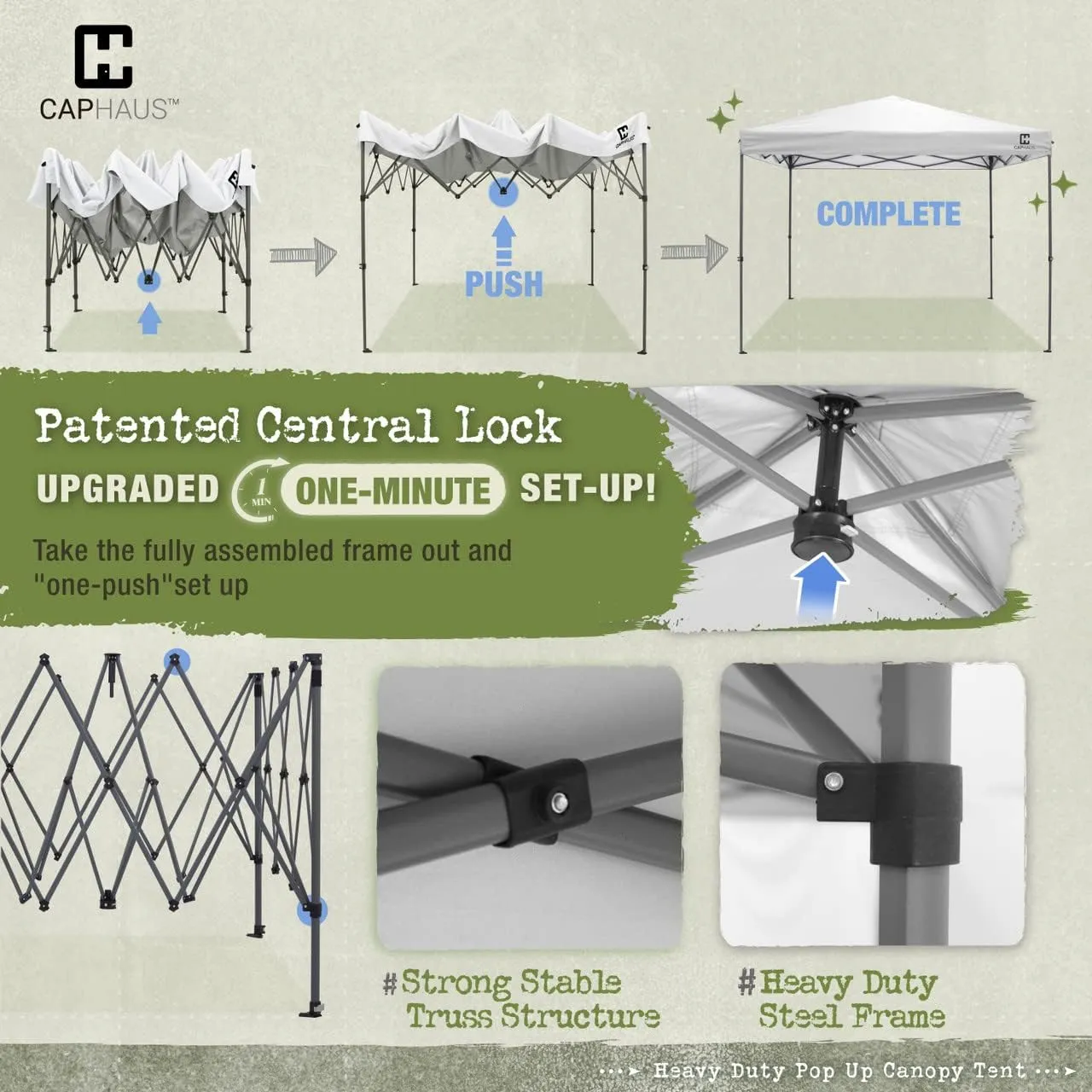 CAPHAUS Patented One-Push Pop Up Outdoor Canopy Tent, Heavy-Duty Commercial Grade w/Central Lock, Portable and Instant Folding Shelter with Wheeled Carry Bag and Weight Bag, 10ft x 10ft, Blue