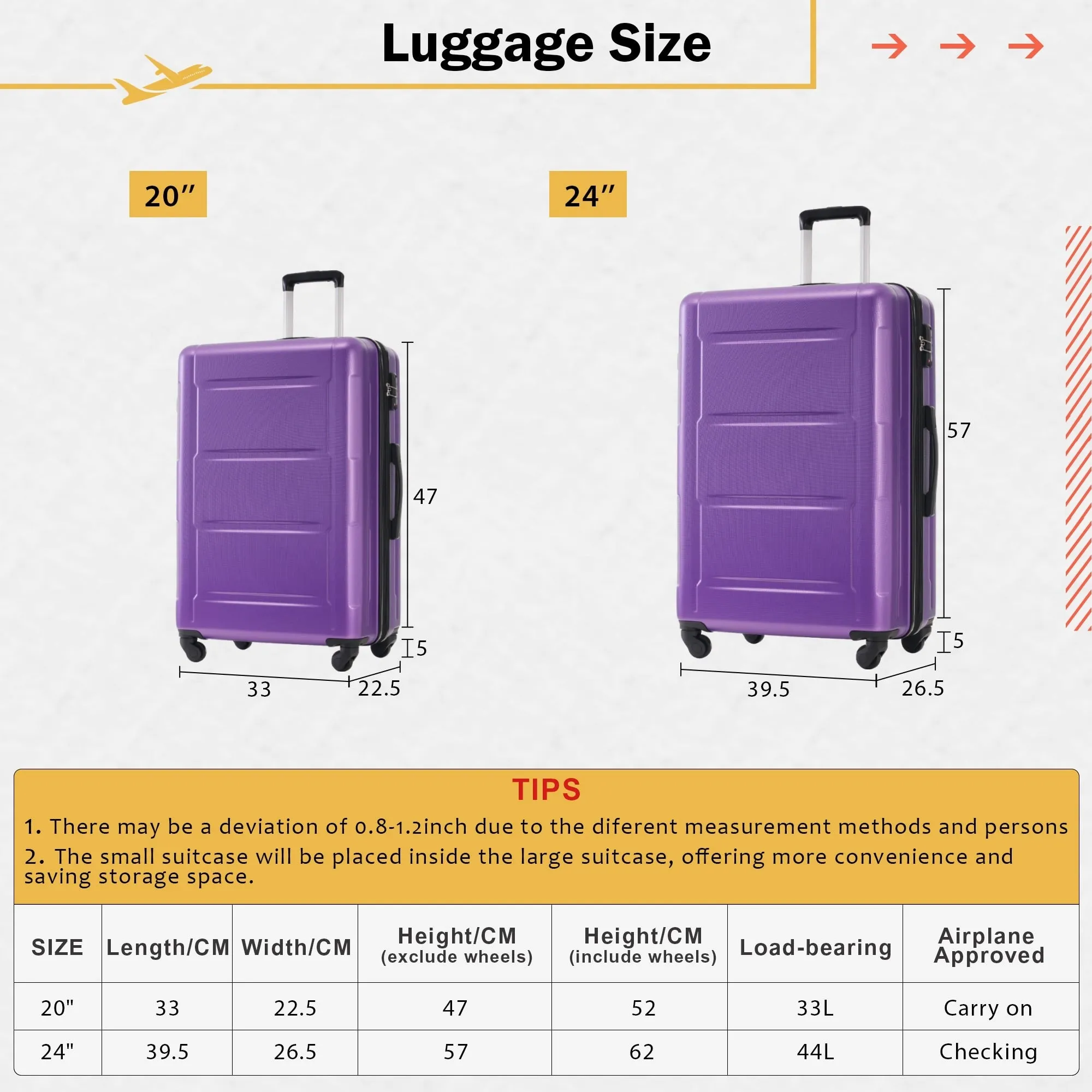 Carry On Lightweight Luggage, Suitcases with Spinner Wheels, 2 Piece Set (20/24), ABS PC Hardshell Luggage with TSA Lock & Bags