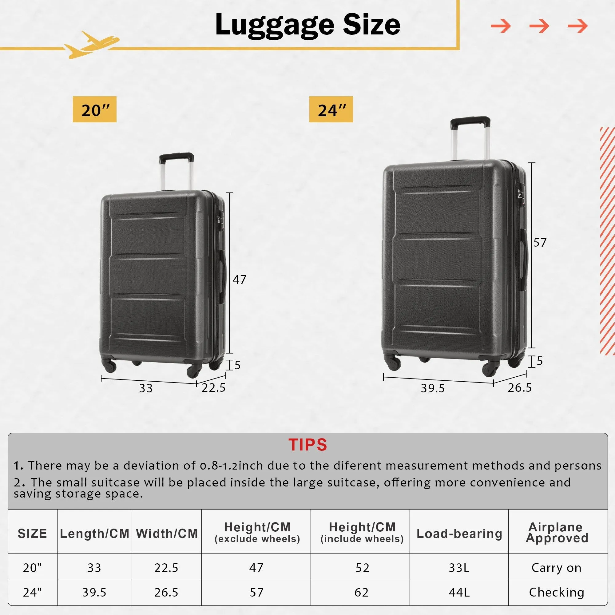 Carry On Lightweight Luggage, Suitcases with Spinner Wheels, 2 Piece Set (20/24), ABS PC Hardshell Luggage with TSA Lock & Bags