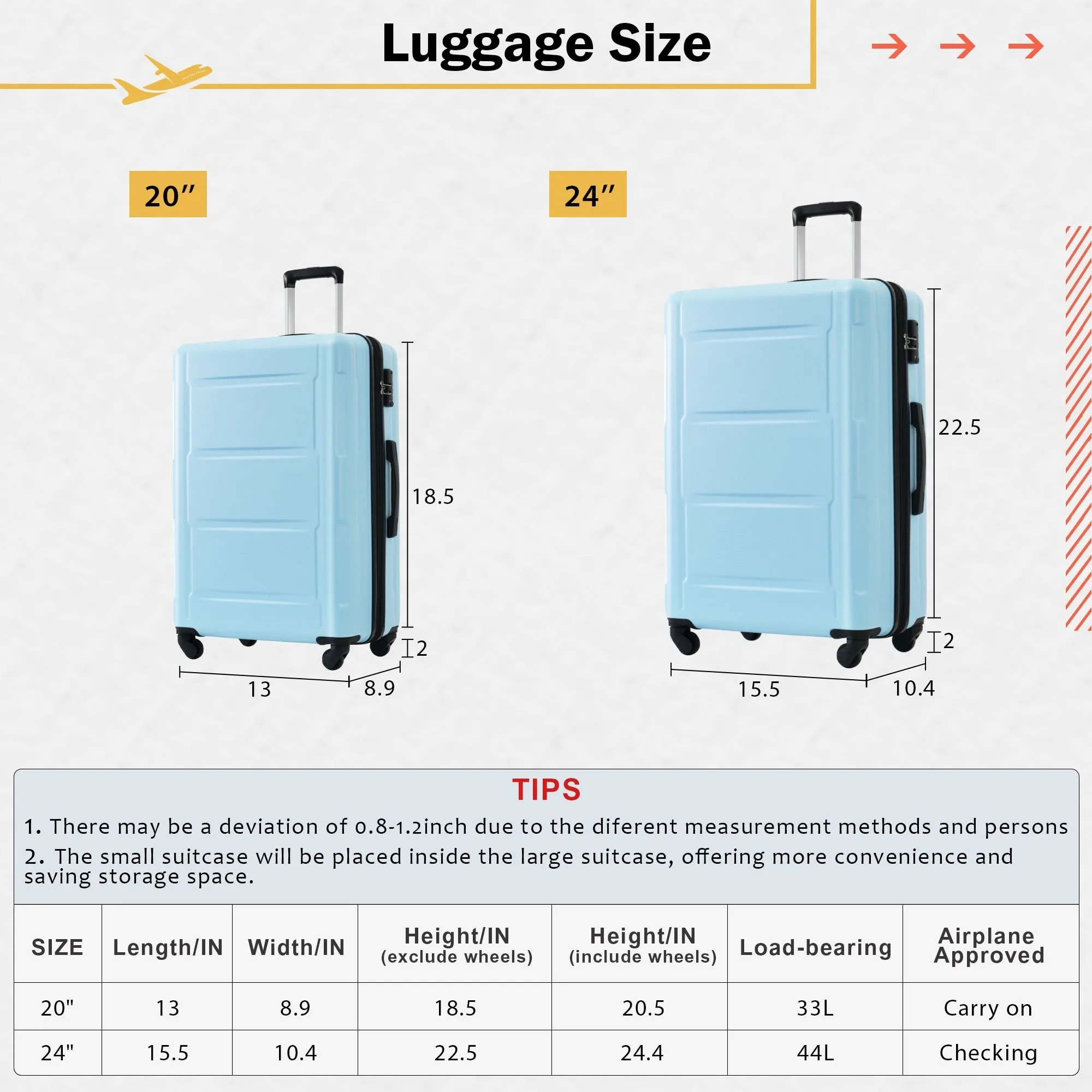 Carry On Lightweight Luggage, Suitcases with Spinner Wheels, 2 Piece Set (20/24), ABS PC Hardshell Luggage with TSA Lock & Bags