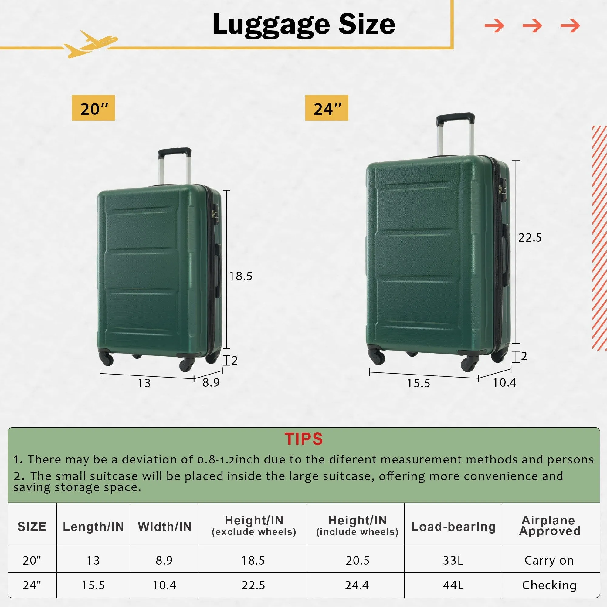 Carry On Lightweight Luggage, Suitcases with Spinner Wheels, 2 Piece Set (20/24), ABS PC Hardshell Luggage with TSA Lock & Bags