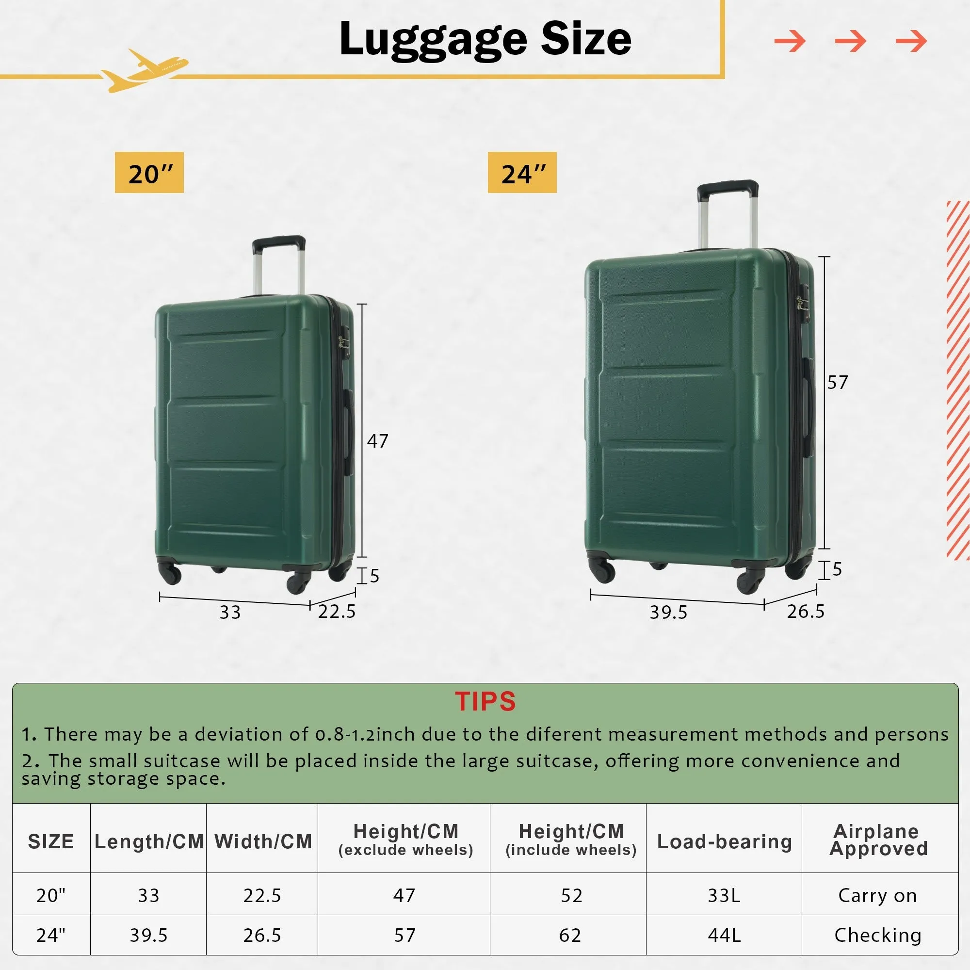 Carry On Lightweight Luggage, Suitcases with Spinner Wheels, 2 Piece Set (20/24), ABS PC Hardshell Luggage with TSA Lock & Bags
