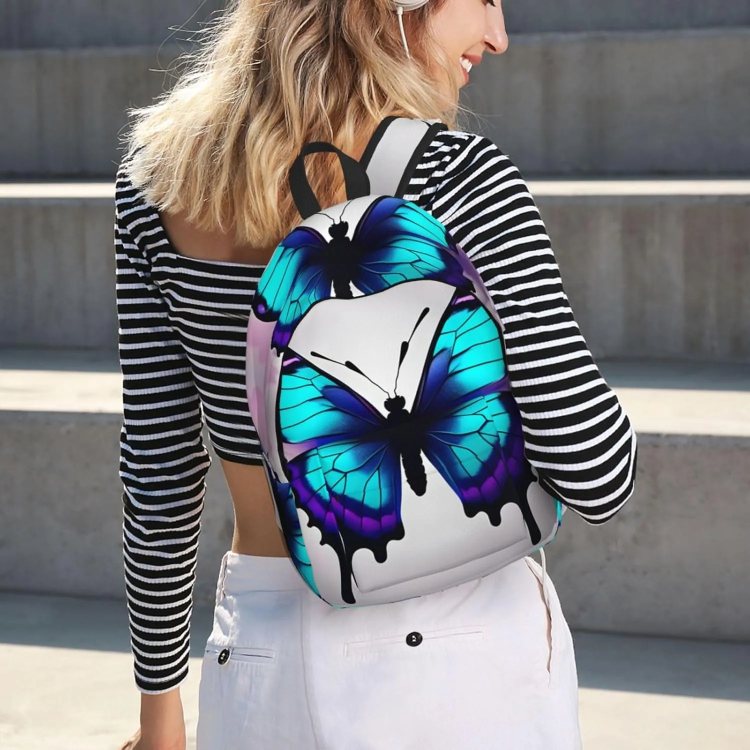 Casual Canvas Backpack, Laptop Rucksack,Shoulder Travel Camping Hiking Backpacks for Men Women-Blue Purple Butterfly
