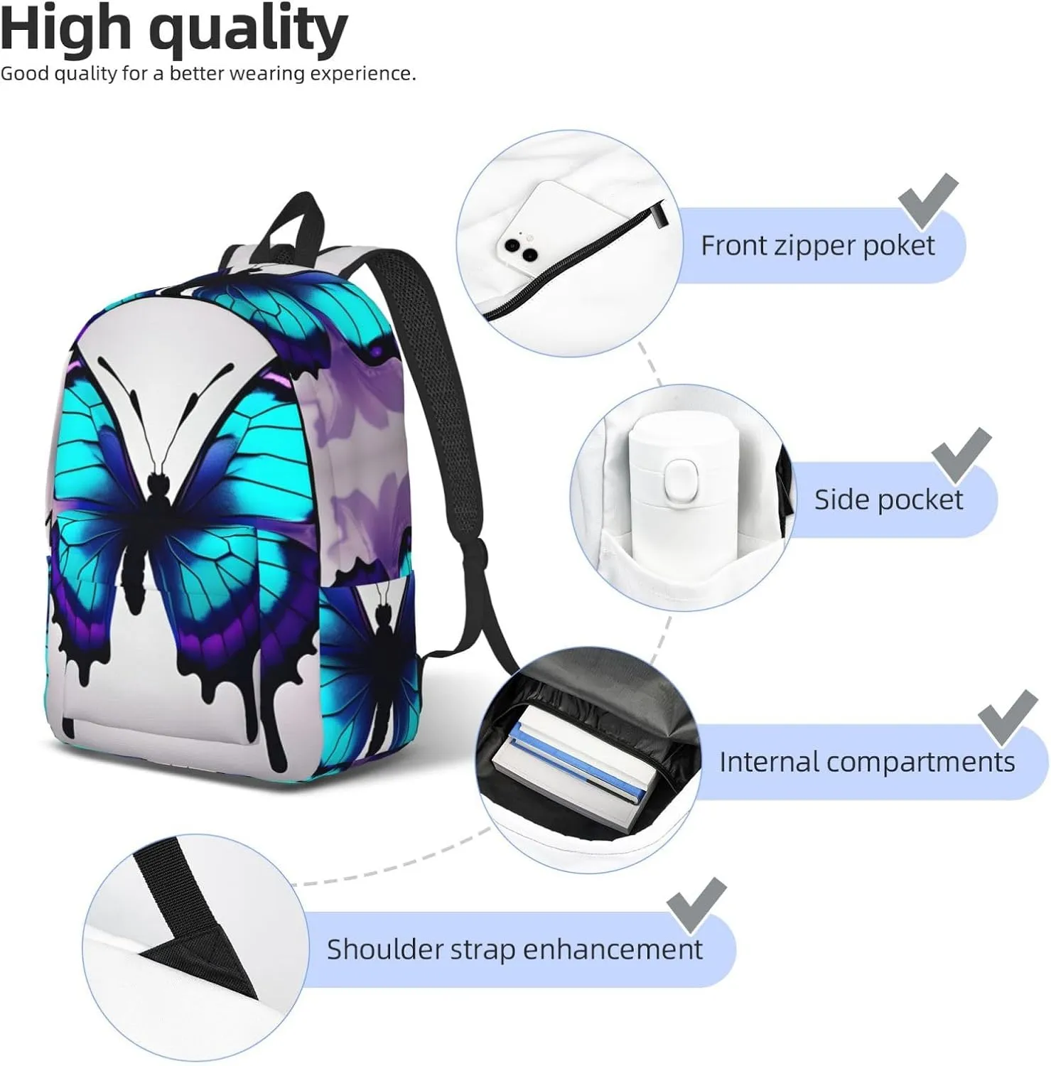 Casual Canvas Backpack, Laptop Rucksack,Shoulder Travel Camping Hiking Backpacks for Men Women-Blue Purple Butterfly