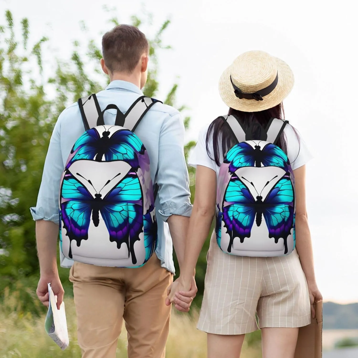 Casual Canvas Backpack, Laptop Rucksack,Shoulder Travel Camping Hiking Backpacks for Men Women-Blue Purple Butterfly