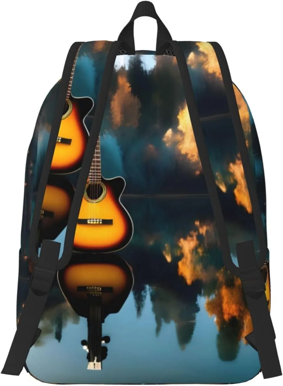 Casual Canvas Backpack, Laptop Rucksack,Shoulder Travel Camping Hiking Backpacks for Men Women-Lake Guitar Reflections
