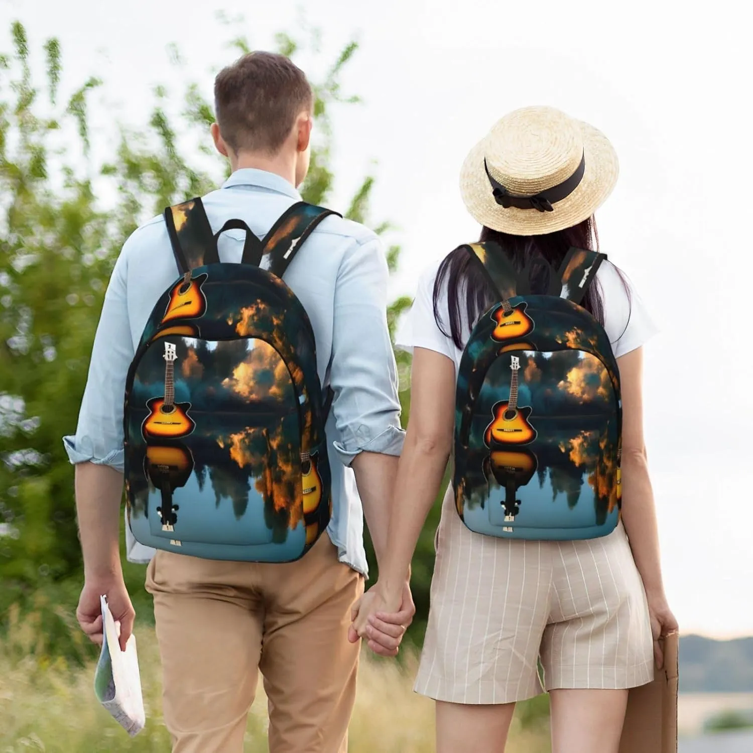 Casual Canvas Backpack, Laptop Rucksack,Shoulder Travel Camping Hiking Backpacks for Men Women-Lake Guitar Reflections