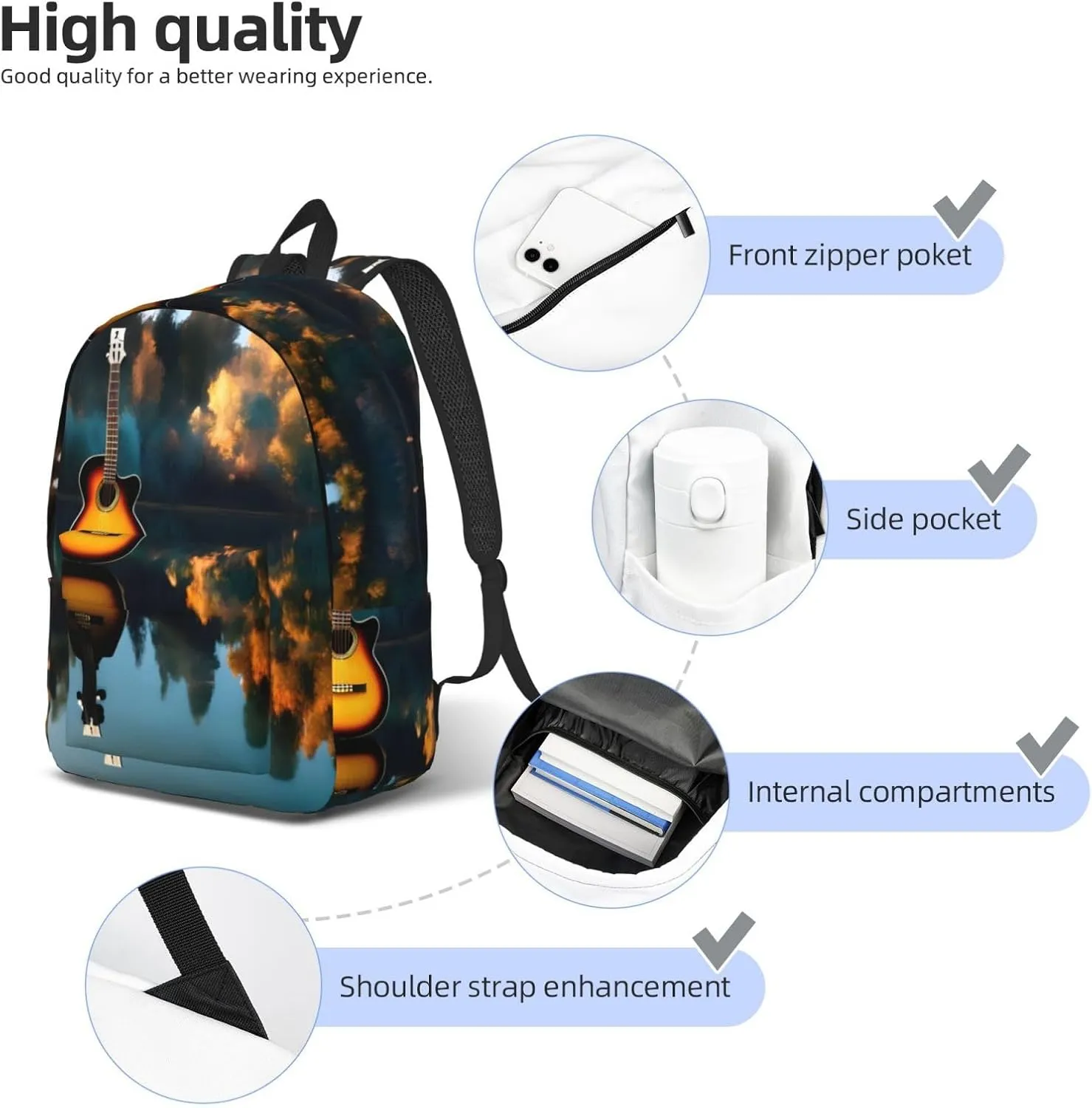Casual Canvas Backpack, Laptop Rucksack,Shoulder Travel Camping Hiking Backpacks for Men Women-Lake Guitar Reflections