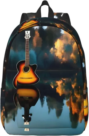 Casual Canvas Backpack, Laptop Rucksack,Shoulder Travel Camping Hiking Backpacks for Men Women-Lake Guitar Reflections