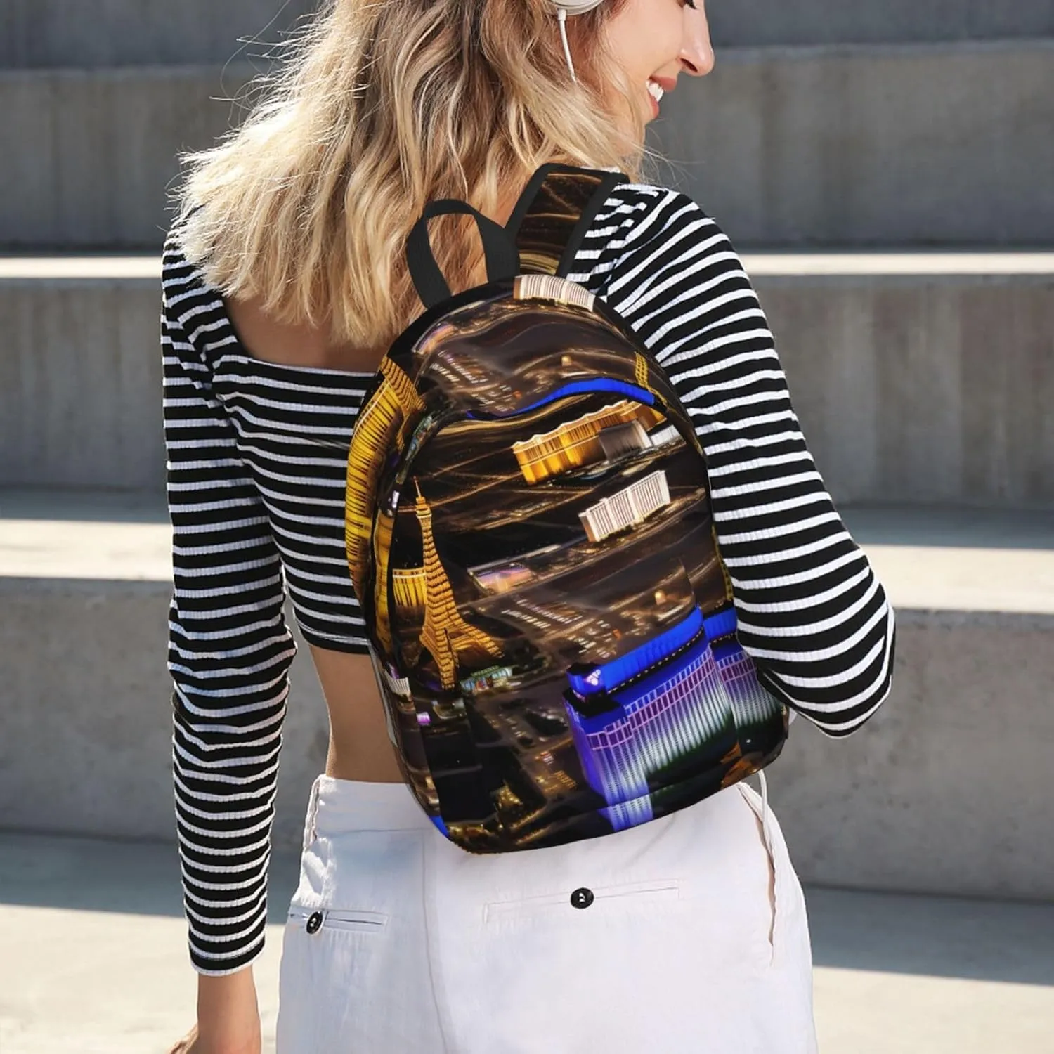 Casual Canvas Backpack, Laptop Rucksack,Shoulder Travel Camping Hiking Backpacks for Men Women-Las Vegas night