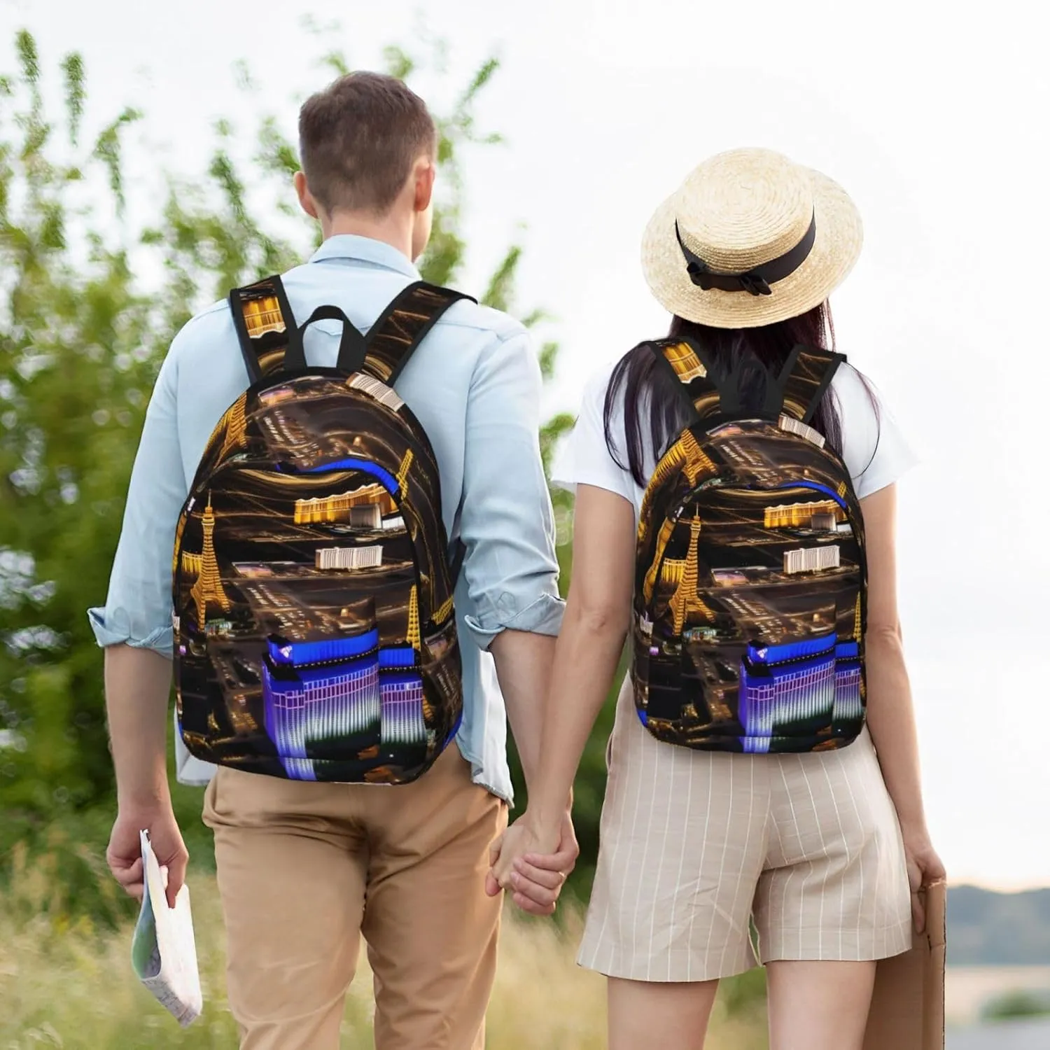 Casual Canvas Backpack, Laptop Rucksack,Shoulder Travel Camping Hiking Backpacks for Men Women-Las Vegas night