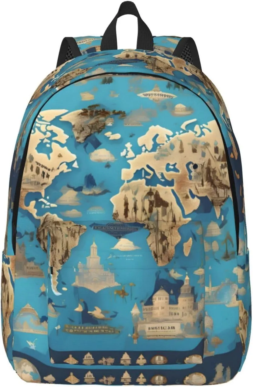 Casual Canvas Backpack, Laptop Rucksack,Shoulder Travel Camping Hiking Backpacks for Men Women-World Geography Map