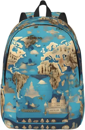 Casual Canvas Backpack, Laptop Rucksack,Shoulder Travel Camping Hiking Backpacks for Men Women-World Geography Map