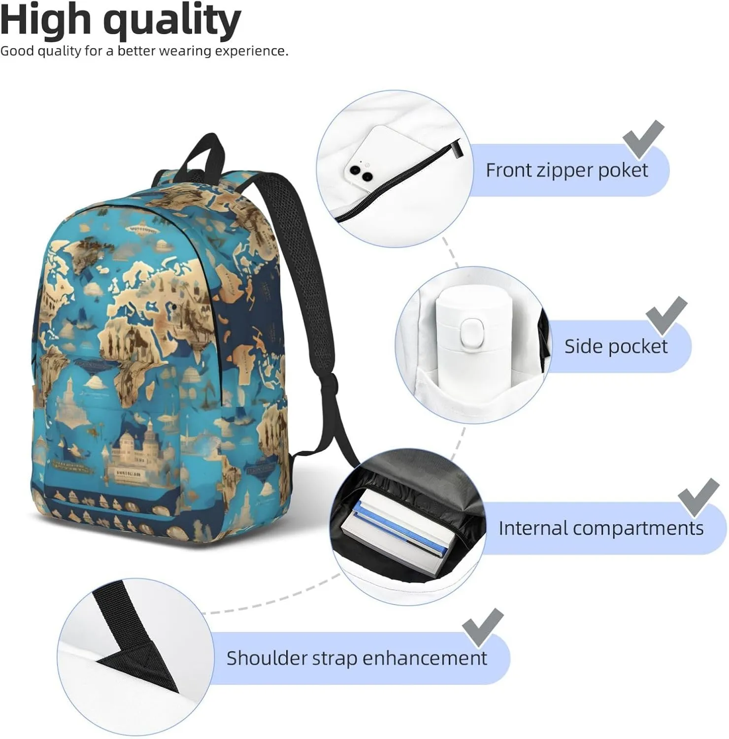 Casual Canvas Backpack, Laptop Rucksack,Shoulder Travel Camping Hiking Backpacks for Men Women-World Geography Map