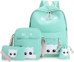 Cat Young Ladies Backpack Set Cat Print Bag Cute Bag 4-Piece Set Green One Size