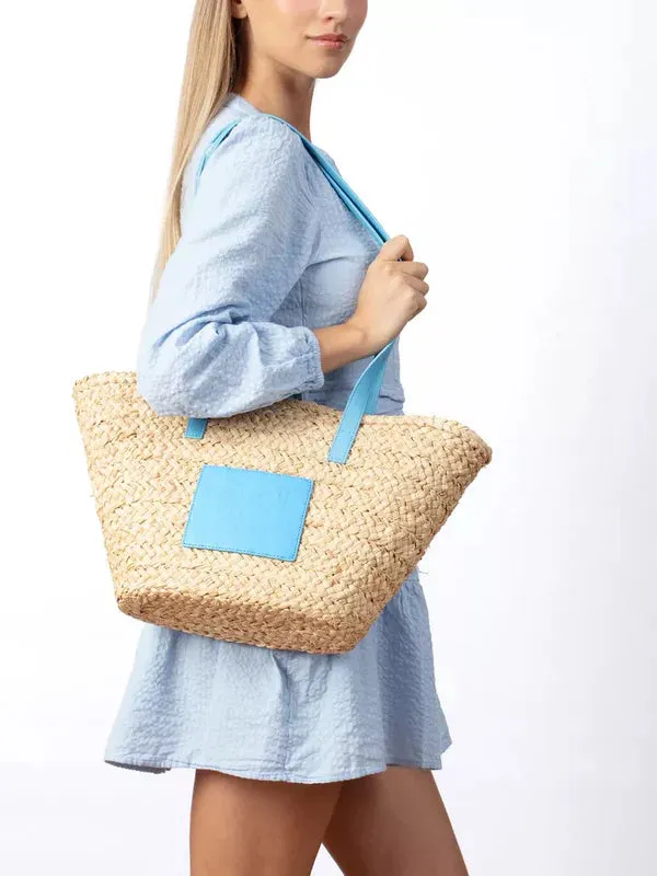 Cavalli Class Cervinia Ladies Natural/Light Blue Medium Straw Beach Tote Bag
