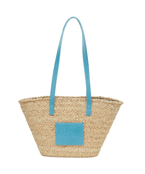 Cavalli Class Cervinia Ladies Natural/Light Blue Medium Straw Beach Tote Bag