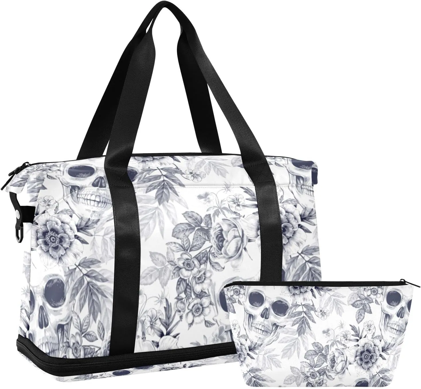 CEBUGI Black Skull Sports Duffle Bags Extensible Gym Bag Wet and Dry Separate Portable Travel Duffel with Shoe Compartment & Wet Pocket