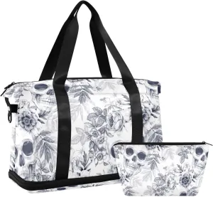 CEBUGI Black Skull Sports Duffle Bags Extensible Gym Bag Wet and Dry Separate Portable Travel Duffel with Shoe Compartment & Wet Pocket