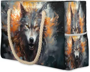 cfpolar Beach Bags for Women, Flame Explode Wolf Sandproof Beach Bag, Waterproof Tote Pool Swim Bags with Wet Pocket, Travel Reusable Grocery Shopping Shoulder for Weekender Gifts Gym