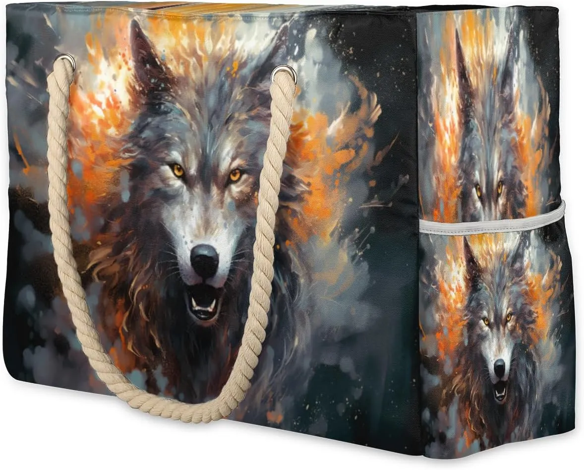 cfpolar Beach Bags for Women, Flame Explode Wolf Sandproof Beach Bag, Waterproof Tote Pool Swim Bags with Wet Pocket, Travel Reusable Grocery Shopping Shoulder for Weekender Gifts Gym