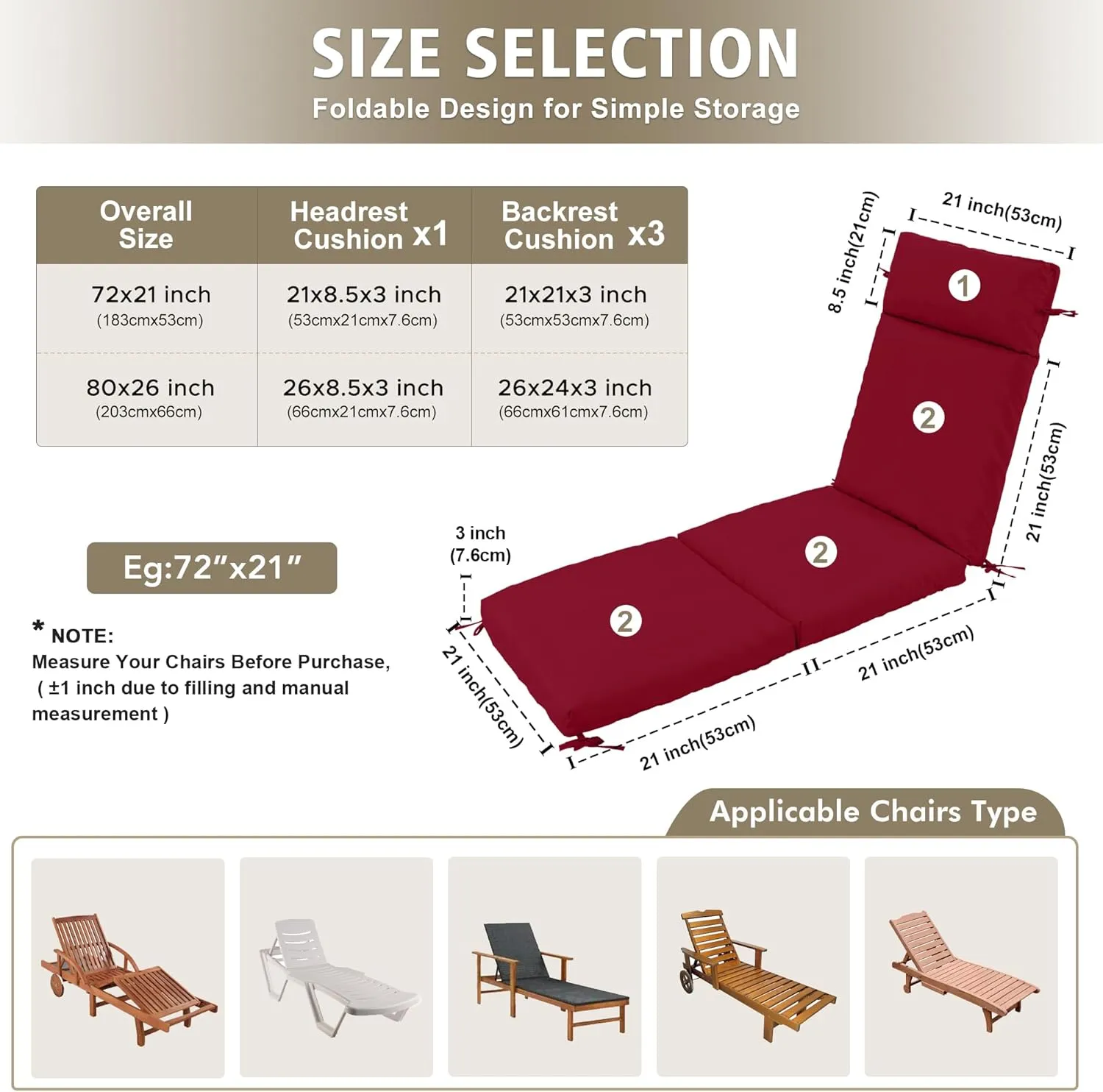 Chaise Lounge Cushion 72x21x3 Inch – Set of 4 Outdoor Lounge Chair Cushions, Lounger Pad Replacement with Fade-Resistant, Removable & Machine-Washable Covers, Ideal for Patio Chaise Chairs, Burgundy