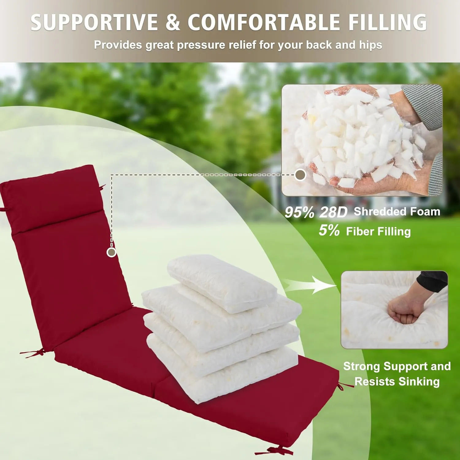 Chaise Lounge Cushion 72x21x3 Inch – Set of 4 Outdoor Lounge Chair Cushions, Lounger Pad Replacement with Fade-Resistant, Removable & Machine-Washable Covers, Ideal for Patio Chaise Chairs, Burgundy