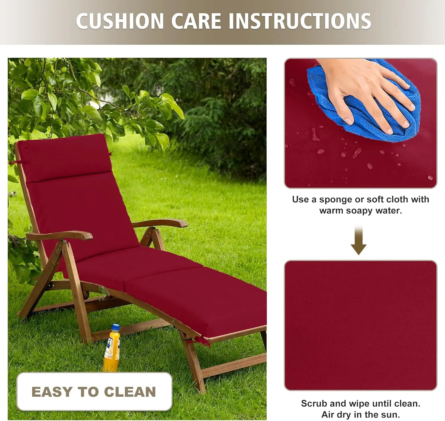 Chaise Lounge Cushion 72x21x3 Inch – Set of 4 Outdoor Lounge Chair Cushions, Lounger Pad Replacement with Fade-Resistant, Removable & Machine-Washable Covers, Ideal for Patio Chaise Chairs, Burgundy