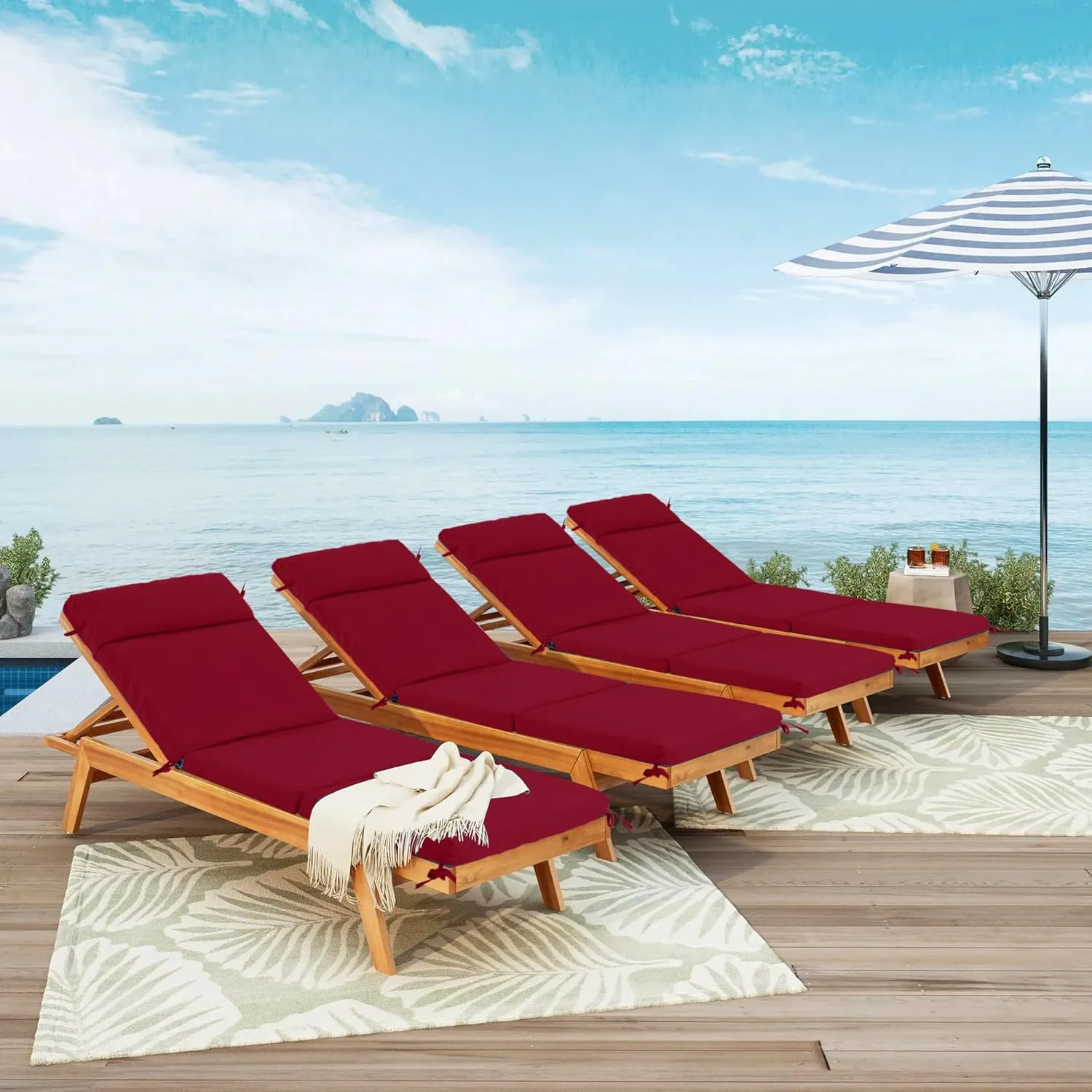 Chaise Lounge Cushion 72x21x3 Inch – Set of 4 Outdoor Lounge Chair Cushions, Lounger Pad Replacement with Fade-Resistant, Removable & Machine-Washable Covers, Ideal for Patio Chaise Chairs, Burgundy